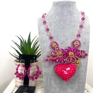 Elegant Pink Heart Necklace and Earring Set